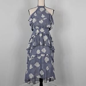 MISA LA Anca Floral Ruffle Halter Blue Tiered Midi Dress | Women's XS